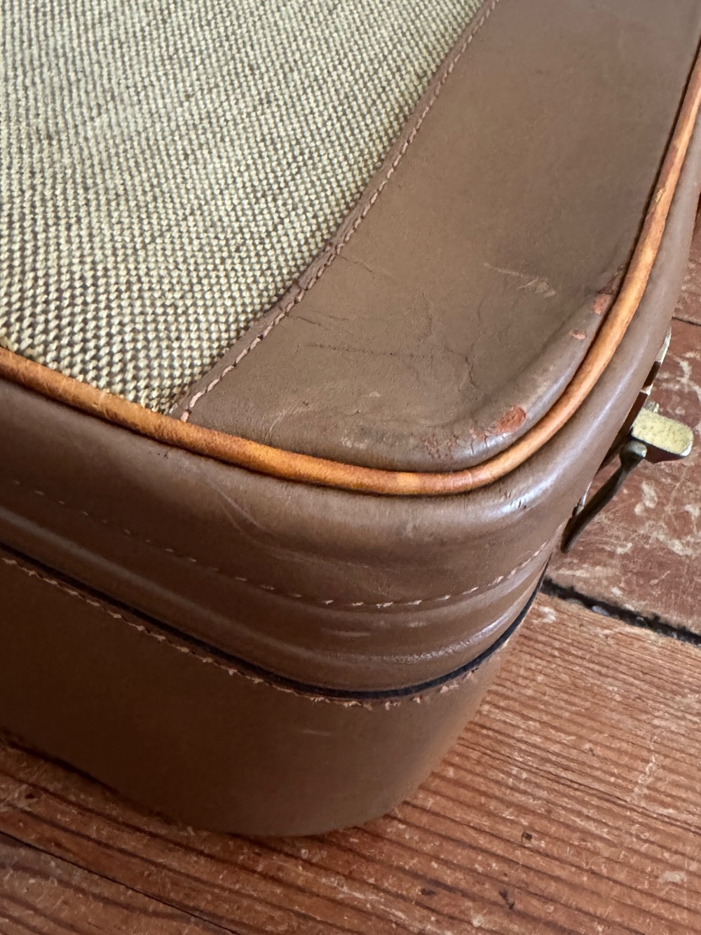 Vintage 60's Brooks Brothers Tan Leather Fabric Suitcase Luggage Combination - Picture 14 of 15